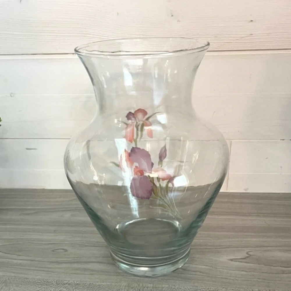 Glass Vase with Iris Design 9.5” Purple and Pink Irises